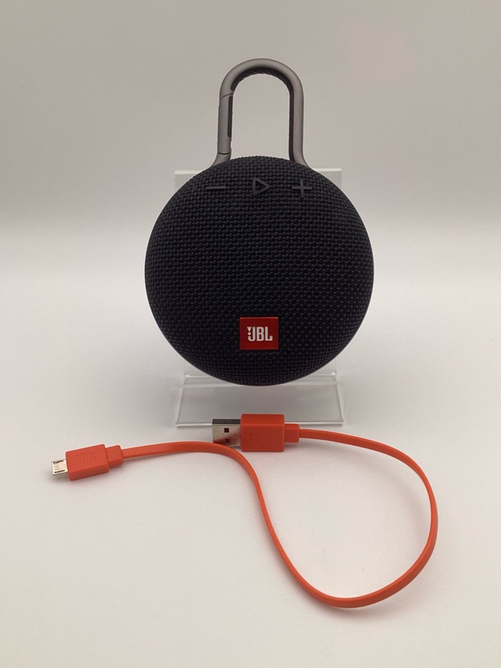 JBL Clip 3 Black Clip-On Bluetooth Speaker with Orange Micro USB Charging Cable
